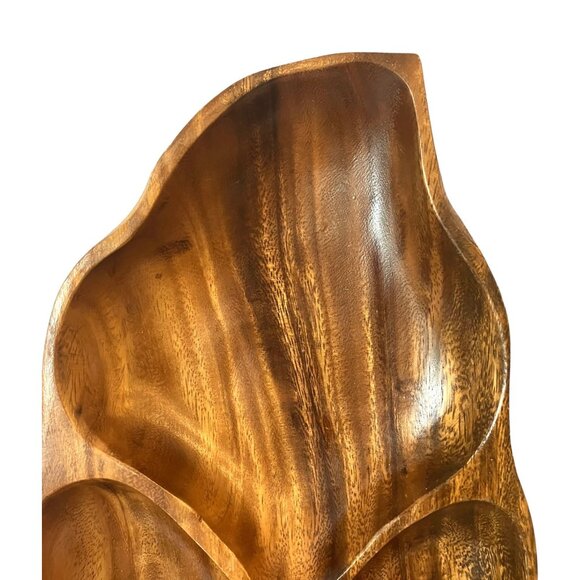 VTG Monkey Pod Wood Leaf Shaped 3 Section Divided Serving Tray/Bowls/Dish-14" - Picture 3 of 16